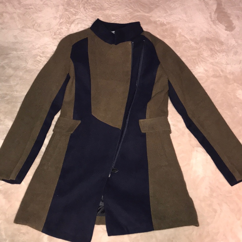 Asymmetrical zipper coat, olive & navy blue Small